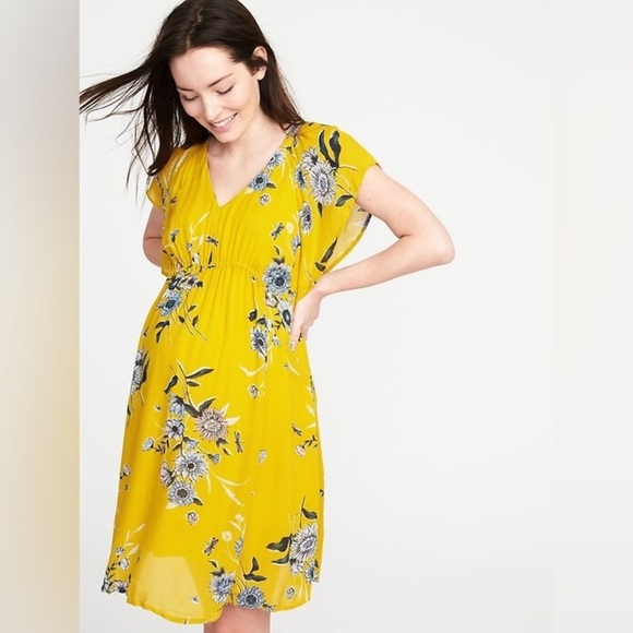 Old Navy Dresses & Skirts - Old Navy Maternity Ruffle-Sleeve Yellow Floral Midi Dress